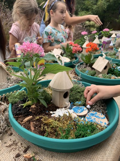 Outdoor Fairy Garden Party, Kids Fairy Garden Ideas, Fairy Garden Ideas Preschool, September Garden Party, Fairy Garden Party Activities, Preschool Fairy Garden, Classroom Fairy Garden, Toddler Fairy Garden, Fair Garden