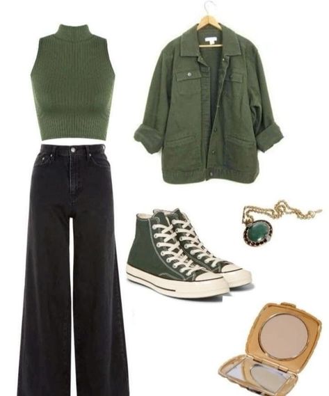 Outfit Pieces Ideas, Green All Star Outfit, Outfit Inspo Aesthetic Casual, Pop Inspired Outfits, Cute Date Outfits Casual, New Wardrobe Aesthetic, Green Capsule Wardrobe, Green Streetwear Outfit, Colourful Outfits Aesthetic