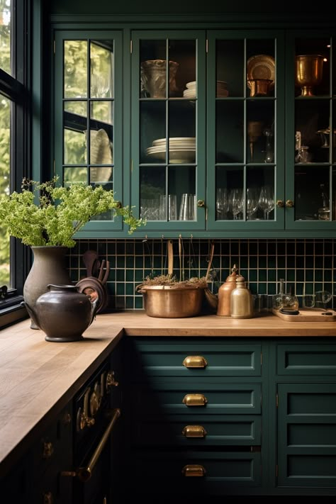 Green Kitchen Cabinets Floating Shelves, Green Backsplash Kitchen, Green Kitchen Designs, Moody Kitchen, Dark Green Kitchen, Kabinet Dapur, Green Kitchen Cabinets, Green Cabinets, Dark Home Decor