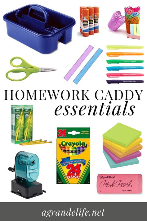 If you’re looking to add a little organization in your school and homework days, put together a little homework caddy. It’s a great way to get your kids ready for school and keep them organized all school year long. School Supply Caddy, Homework Corner, School Organization College, Kids School Organization, Homework Caddy, Kids Desk Organization, Organization College, Homework Area, Homeschool Room Organization