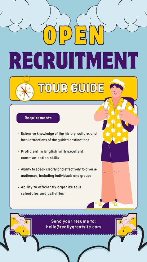 Yellow Illustrative Cheerful Tour Guide Job Recruitment Instagram Story - Templates by Canva Tour Guide Job, Job Cards, Job Vacancy, Create Your Story, Story Setting, Instagram Content, Story Templates, Instagram Story Template, Story Template