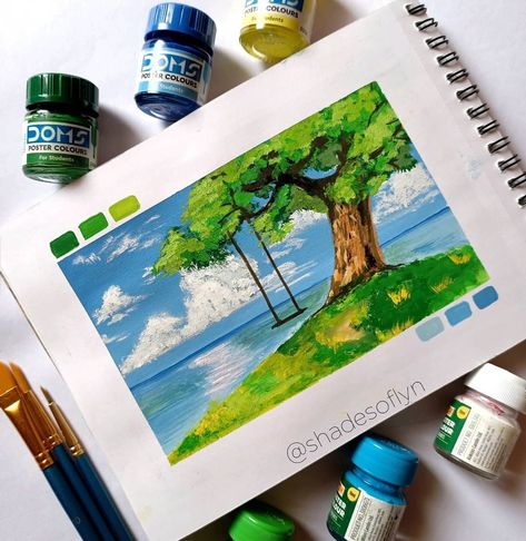 Follow me on Instagram @shadesoflyn Poster Colour Art, Studio Ghibli Landscape, Cat Gouache, Ghibli Landscape, Ghibli Anime, Canvas Art Painting Acrylic, Poster Color Painting, Inspired Painting, Watercolor Art Landscape