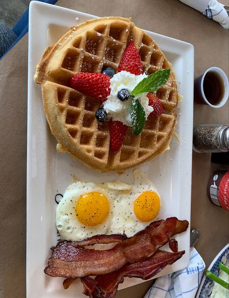 Buttermilk Waffle, Waffle Breakfast, Buttermilk Waffles, Eggs And Bacon, Breakfast Waffles, Fresh Cream, Buttermilk, Fresh Fruit, Waffles