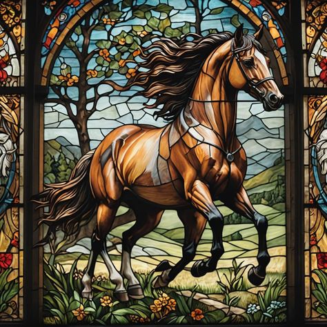 A Running Horse on Stained Glass. #stainedglass #horse #art #window #design #beautiful #colorful #glassart #creative #decor #homedecor #interiordesign #equestrian #runninghorse #stainedglassart #handmade #unique #vibrant #animalart #horseart #ai #aiart #artoninstagram #artist #artgallery #artistsoninstagram #artistoninstagram #artoftheday #artlover #arts Horse Stained Glass Art, Stained Glass Horse, Art Window, Running Horse, Running Horses, Stain Glass, Window Design, Stained Glass Art, Horse Art