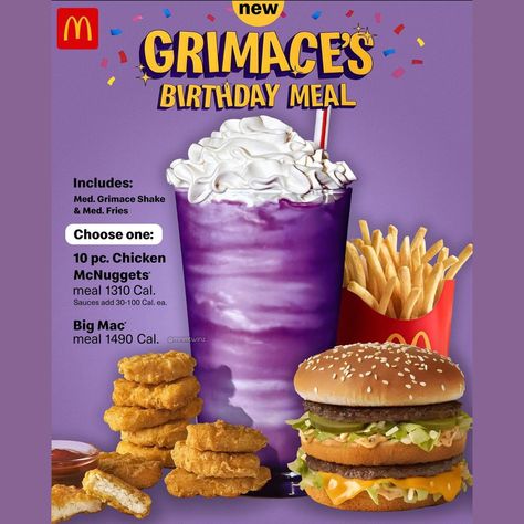 image mnmtwinz McDonald's is celebrating Grimace's birthday with a new limited-edition Birthday Meal with Grimace Purple Berry Shake. Get ready to celebrate because you're invited to Grimace's Birthday! Starting June 12th, McDonald's will offer Grimace's Birthday Meal which features a Medium Fries and Medium Grimace Shake and either a 10 pc. Chicken McNuggets or Big Mac. The purple shake is purple-berry flavored and comes topped with whipped cream.  At participating locations while supplies l... Mcdonalds Shakes, 1st Birthday Foods, Free Birthday Food, Grimace Shake, Skull Emoji, Burgers And Shakes, Chicken Mcnuggets, Franklin Bbq, Business Empire