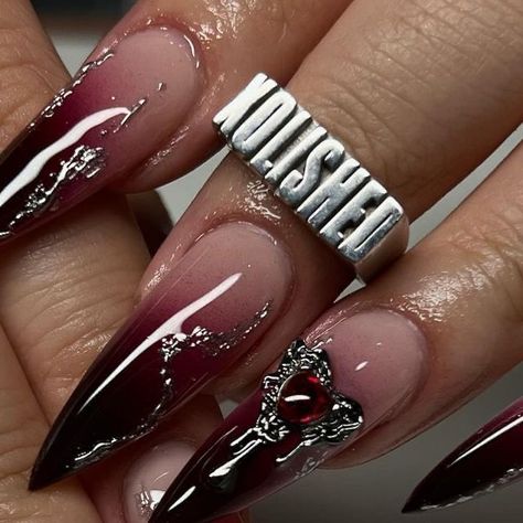 Dark Black Nails, Dagger Nails, Free Style Nails, Red And Silver Nails, Kylie Nails, Deep Red Nails, Edgy Nails, Grunge Nails, Goth Nails