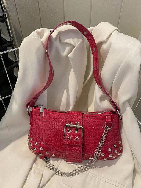 Women New Crocodile Embossed Metal Chain Shoulder Bag | SHEIN USA Retro Purse, Girls Handbags, Stylish Shoulder Bag, Pink Collar, Underarm Bag, Baguette Bag, Wedding Bag, Types Of Bag, Chain Shoulder Bag