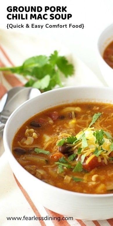 Chili Macaroni Soup, Chili Mac Soup, Ground Pork Chili, Ground Pork Recipe, Macaroni Soup Recipes, Chili Macaroni, Pork Soup Recipes, Gluten Free Soup Recipes Glutenfree, Chili Burger