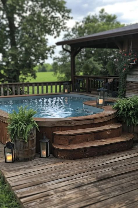 15 Stunning Above Ground Pool Ideas for Your Backyard 30 Above Ground Pool Yard Ideas, Pretty Backyard Ideas, Farmhouse Backyard Landscaping, Hot Tubs Ideas Backyard, Pool In Deck, Backyard Pool And Hot Tub, In Ground Pool Ideas, Simple Backyard Pool, Pool Decks For Above Ground Pools