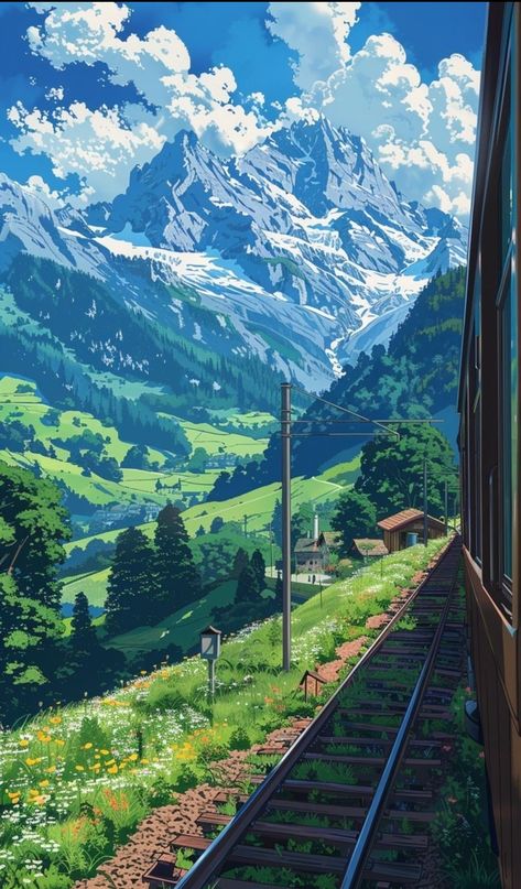 This draw is not mine, it belongs to @gogoblingo (instagram) Mining Drawing, Mountains Drawing, Anime Nature, Train Wallpaper, Green Scenery, Piskel Art, Dreamy Artwork, Ghibli Artwork, Dreamy Landscapes