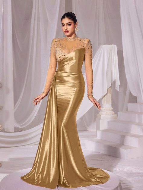 Gold  Collar Long Sleeve Satin Colorblock,Plain,All Over Print Bodycon Embellished Slight Stretch  Weddings & Events Mom Quinceañera Dress Gold, Jewelry To Wear With Gold Dress, Ancient Egyptian Wedding Dress, Gold Bridesmaid Dresses Mismatched, Gold Long Gown, Egyptian Wedding Dress, Bridesmaid Dresses Gold, Gold Silk Dress, Gold Satin Dress