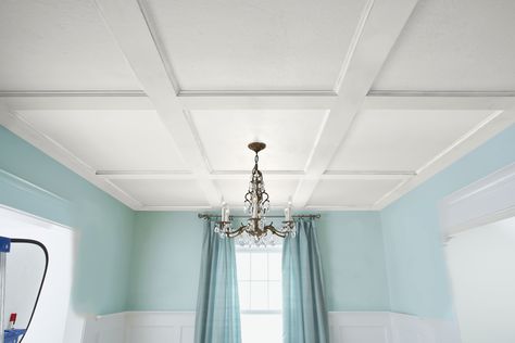 Apply basic carpentry techniques to primed boards and molding to add a formal, elegant touch to any room Best Ceiling Paint, Diy Coffered Ceiling, Small Basement Remodeling, Coffered Ceiling Design, Ceiling Paint Colors, Ceiling Treatments, Diy Ceiling, Kitchen Ceiling, This Old House