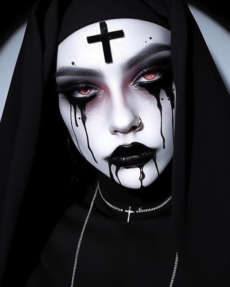 Black Halloween Makeup, Nun Halloween, Demon Makeup, Nun Outfit, Futuristic Makeup, Holloween Makeup, Horror Make-up, Creepy Halloween Makeup, Halloween Makeup Pretty