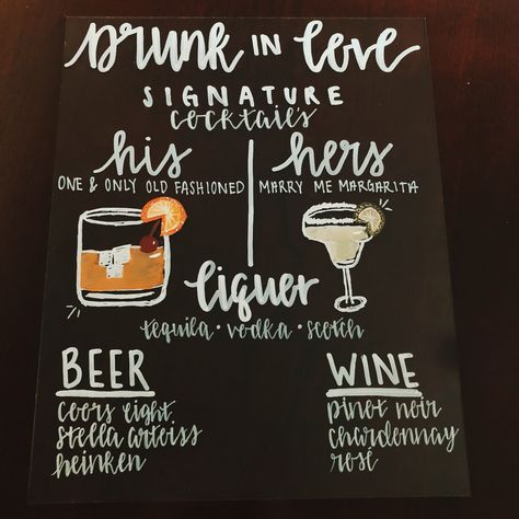 "8x10\" and 11x14\" Personalized Glass Bar Sign. Customized to the color of your choice to go along with any specific theme. Signs are hand-lettered and crafted with high quality products.  Bar Signs are completely customizable and personalized - Signature Cocktails to a completely Open Bar, I will be able to cater to your desired needs. Feel free to message me for any questions and layout ideas.  Sign Title Options:  - \"Bar Menu\"  - \"Drunk in Love\"  - \"Open Bar\"  - Specific Names please add in personalization" Menu Acrylic Sign, Menu Acrylic, Acrylic Sign Wedding, Chalkboard Bar, Funny Bar Signs, Wedding Chalkboard Signs, Menu Sign, Signature Cocktails, Rustic Bar