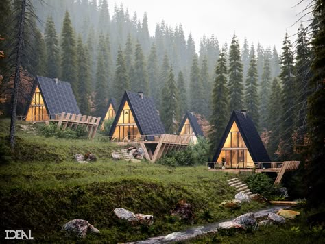 Another cabin in the woods visualization project work by Ideal Arch Visuals. This is a CGI imagery of 5 cabin/single-family houses in a foggy forest, into the mountains. The placement of these houses was intentionally setup on the terrain and designed acc… Triangle House, A Frame House Plans, A Frame House, Building A Shed, Tiny House Cabin, Cabin Life, Forest House, Shed Plans, Tiny House Design