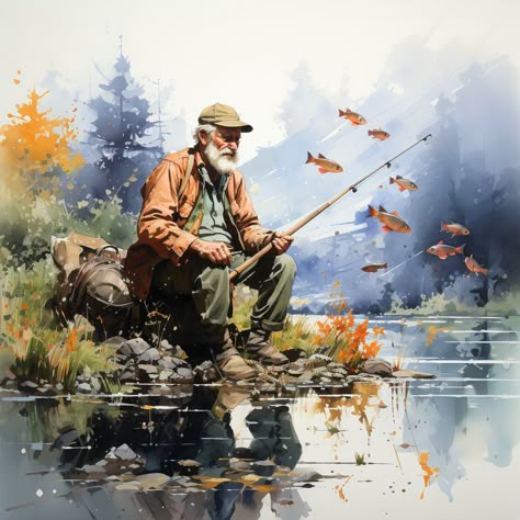 Man Fishing Painting, Man Fishing Drawing, Old Man Fishing, Fishing Drawing, Watercolor Fishing, Fishing Painting, Joe Miller, Master Watercolor, Old Man Portrait