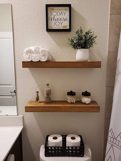 Amazon.com: Homeforia Rustic Wood Floating Shelves Wall Mounted - 2" Thick Wooden Shelf for Bedrooms Kitchen Bathroom 24 x 6 x 2 inch - Set of 2 - Heavy Duty Bracket - Special Walnut Color: Home & Kitchen Bathroom Wooden Shelf, Natural Wood Floating Shelves Bathroom, Floating Shelf Toilet, Wooden Floating Shelves Bathroom, Shelf Design Bathroom, Wood Shelves In Bathroom, Wooden Bathroom Ideas, Bathroom Wood Decor, Wooden Shelves Bathroom