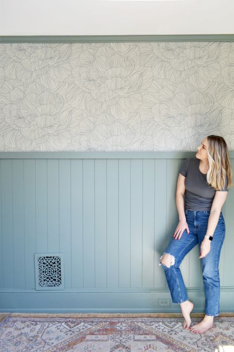 Shiplap Panel and Wallpaper Accent Wall – KP HOME RENO Shiplap Wall And Wallpaper, Wall Paneling And Wallpaper Ideas, Wallpaper Over Shiplap, Entrance Wallpaper Farmhouse, Shiplap Panel Half Wall, Panelling Over Wallpaper, Accent Wall Ideas Bedroom Shiplap, Panel Wall Remodel, Laundry Room Ideas Wallpaper Accent Wall