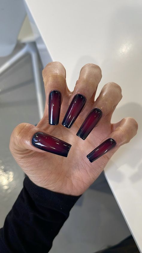 Pretty Square Nails Long, Black And Red Aura Nails, Opera Nails, Aura Nails Red, Dark Aura Nails, Deep Purple Nails, Burgundy Acrylic Nails, Extreme Nails, Plum Nails