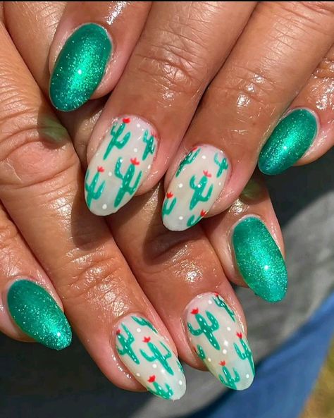 Green Glitter Cactus Summer Nails springnails green nails glitter nails glitter cactus nails nails nail inspo trendy nails fun nails bright nails nude nails Christmas Cactus Nails, Bright Western Nails, Arizona Nail Designs, Green Nails Glitter, Cactus Nail Art, Cactus Nails, Nail Inspo Trendy, Almond Nail Designs, Western Nails