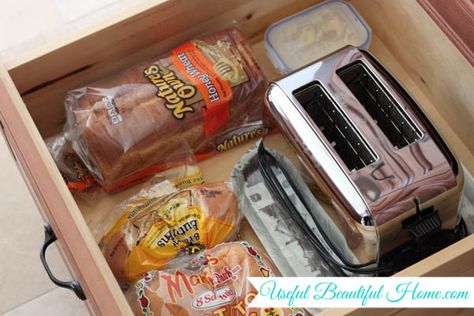 Storing Bread In Pantry, Under Cabinet Bread Storage, Bread Storage Ideas Pantry, Bread Organization Storage, Where To Store Bread In Kitchen, Bread Storage Ideas Countertop, Bread Storage Ideas, Storage Categories, Toaster Storage