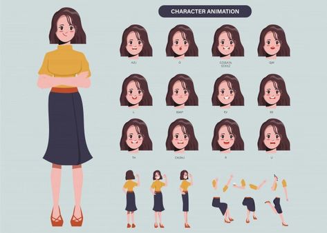 Female Head Turnaround Reference, Flat Cartoon Character, Female Head Turnaround, 2d Character Illustration Flat, Flat Vector Character Design, People Icon, Character Model Sheet, Cartoon Logo, Childrens Books Illustrations