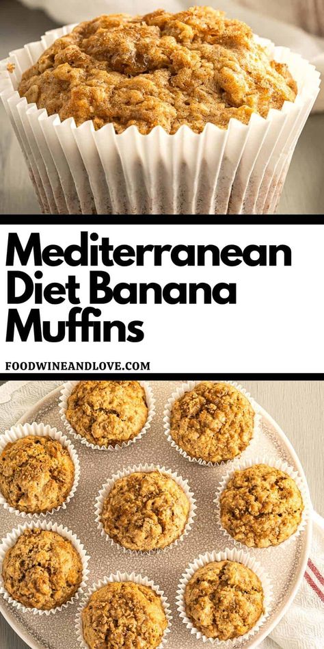 Mediterranean Diet Banana Muffins, a whole wheat and granola muffin recipe that is friendly to the Mediterranean diet. Mediterranean Diet Recipes Breakfast, Mediterranean Diet Snacks, Mediterranean Snacks, Mediterranean Desserts, Mediterranean Diet Breakfast, Mediterranean Recipes Healthy, Mediterranean Breakfast, Mediterranean Diet Recipes Dinners, Mediterranean Diet Meal Plan