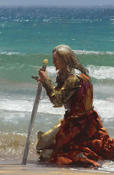 King Tommen II Lannister of the Rock, was an ancient King of the Rock from before the War of Conquest. King Tommen II planned to return to Valyria. It was a quest from which he never returned. The Valyrian steel greatsword Brightroar was lost with him. Craig Mullins, Roi Arthur, 다크 판타지, Wow Art, 판타지 아트, Arte Horror, Fantasy Inspiration, Medieval Fantasy, 그림 그리기