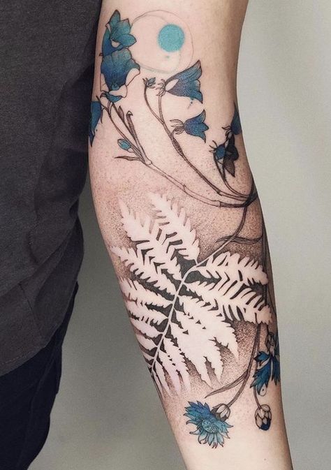 Love Fern Tattoo, Negative Space Tatoos, Negative Fern Tattoo, Fern Forearm Tattoo Women, Negative Space Fern Tattoo, Landscape Arm Tattoo, Joanna Swirska Tattoos, Feminine Forest Tattoo, Negative Space Tattoo Ideas