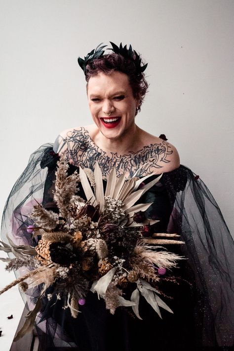 Want an alternative look for your wedding day? Check out this Goth Wedding Inspiration; Our Favourite Goth Inspired Weddings For World Goth Day #magpiewedding Bouquet Alternative Non-floral, Dark Floral Wedding, Bridal Trousers, Gothic Style Wedding, Luxury Wedding Bouquet, World Goth Day, Veil Alternative, Autumn Bouquets, Alternative Wedding Inspiration