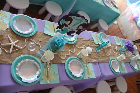 Mermaid Birthday Party Table Set Up, Mermaid Party Cake Table, Mermaid Birthday Party Table Decorations, Mermaid Table Set Up, Mermaid Party Table Decor, Mermaid Table Decor, Mermaid Table Decorations, Mermaid Themed Birthday Party, Mermaid Birthday Party Ideas