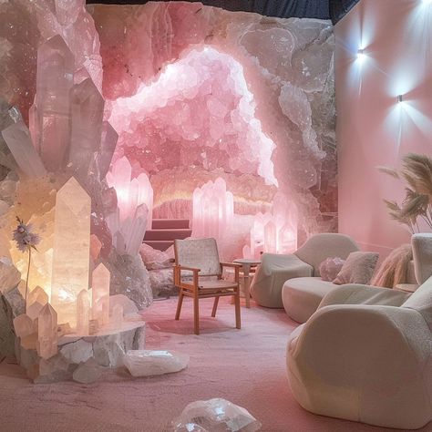 Would you live in this rose quartz room! 🥀 Comment your favorite room? 1,2,3 or 4? This is images are generated using AI #crystals #gemstone #homedecor Crystal Office, Fantasy Bedrooms, Aesthetic Settings, Comfy Room Ideas, Vibey Rooms, Crystal Interior, Crystal Room Decor, Magical Room, Dream Bedroom Inspiration