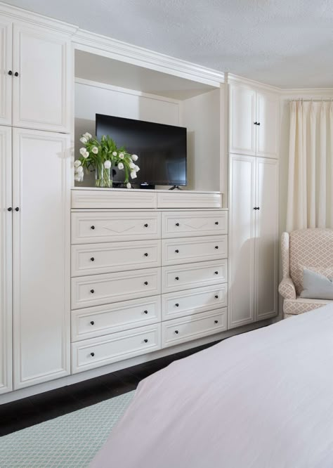 Peekskill — Sherrell Design Studio Diy Built Ins Around Tv Closet, In Wall Drawers, Built In Bedroom Storage Wall, Bedroom Storage Built In, Built In Wall Dresser Bedroom, Two Armoires In Bedroom, Bedroom Wall Of Storage, Dresser Wardrobe Combo, Custom Bedroom Cabinets