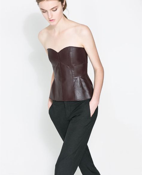 Image 2 of LEATHER BUSTIER from Zara Leather Bustier Outfit, Leather Strapless Top, Bustier Outfit, Peplum Lace, Leather Blouse, Top Bustier, Leather Bustier, Zara Leather, Zara Tops Blouses