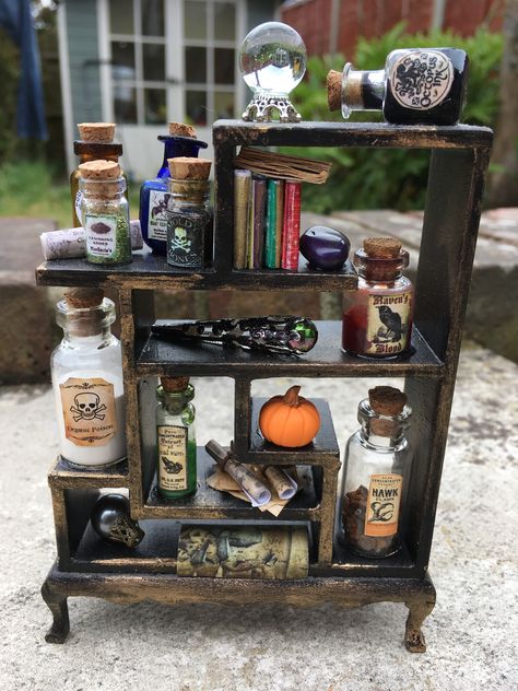 Potions Shelf, Miniature Witch House, Miniature Potion Bottles, Miniature Altar, Potion Shelf, Witch Shelf, Witch Potions, Harry Potter 6, Halloween Diorama