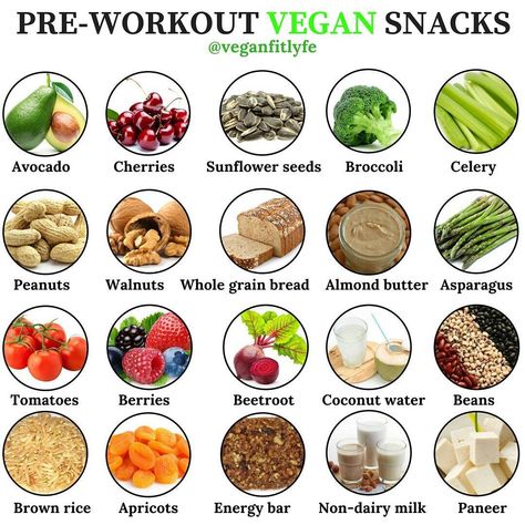 Vegan Fit Life on Instagram: “Pre-Workout Vegan Snacks 💚💪 . Double tap if you agree 👊 . Tag someone who needs to see this 🙏 . Drop your thoughts down below 👍 . There…” Healthy Pre Workout Snacks, Vegan Pre Workout, Fitness Snacks, Vegan Info, Workout Meals, High Energy Foods, Losing Belly Fat Diet, Preworkout Snack, Pre Workout Food