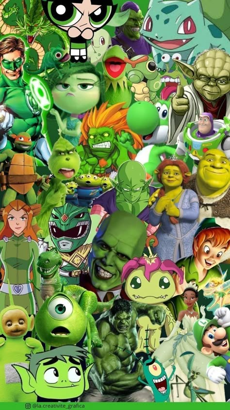 Green Characters Cartoon, Green Disney Characters, Green Cartoon Characters, Wendy Anime, Emo Cartoons, Colored Characters, Alternative Disney Princesses, Rainbow Cartoon, Green Characters