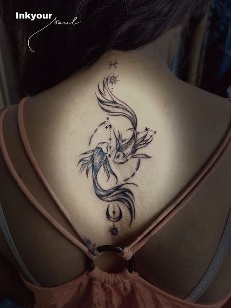 Pisces Symbol Tattoo For Women, Pisces Spine Tattoo, Pisces Goddess Tattoo, Pisces Fish Tattoos, Pisces Tattoo, Scorpio Tattoo, Pisces Tattoos, Neck Tattoos Women, Goddess Tattoo