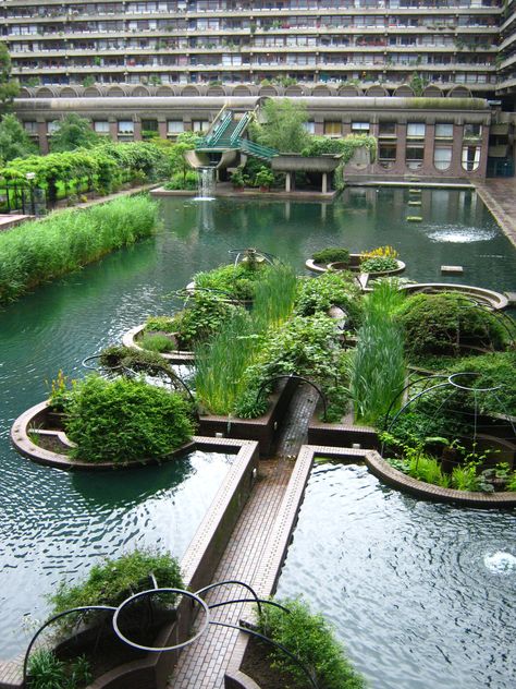 Artificial lake in the Barbican Complex. Easily Forgotten, Barbican Centre, The Barbican, Artificial Lake, Sunken Garden, Architecture Magazines, Landscape Architecture Design, Brutalist Architecture, Lake Landscape