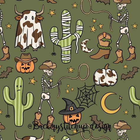 Cowboy Halloween Background, Cow Ghost Wallpaper, Halloween Seamless File, Western Fall Background, Cow Ghost Drawing, Spooky Cow Wallpaper, Spooky Western Wallpaper, Cowboy Halloween Wallpaper, Western Halloween Tattoo