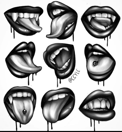 Blue Moon Tattoo, Tongue Tattoo, Mouth Tattoo, Lips Art Print, Best Tattoo Ever, Full Tattoo, Tattoo Outline Drawing, Vampire Fangs, Tattoo Style Drawings