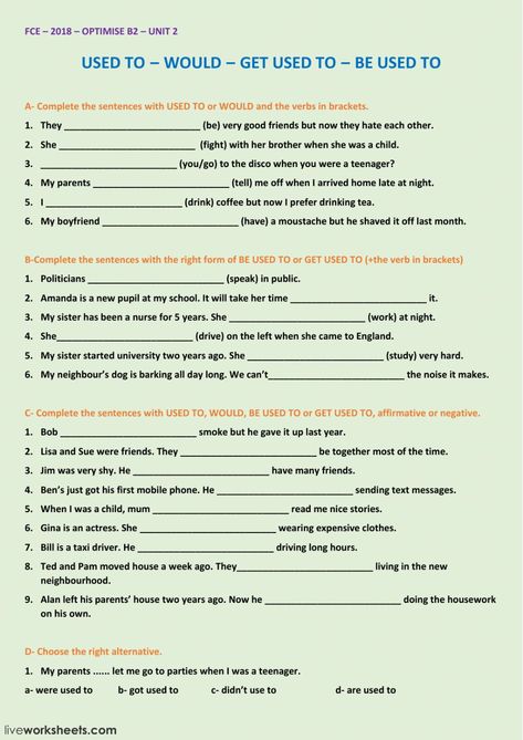 Used to - be used to - get used to interactive and downloadable worksheet. You can do the exercises online or download the worksheet as pdf. Used To And Be Used To Grammar, Used To Grammar Worksheets, Get Used To Grammar, Used To Worksheet, Tutoring Activities, Speed Distance Time, English Grammar Notes, Esl Teaching Resources, Basic French Words