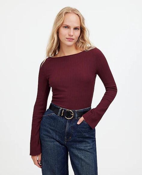 Ribbed Long-Sleeve Boatneck Top | Madewell Burgundy Turtleneck, Rich Girl Fashion, Long Sleeve Shirt Outfits, Boat Neck Long Sleeve, Maroon Long Sleeve, Community Development, Style Fall, Winter Outfits For Work, Ribbed Top