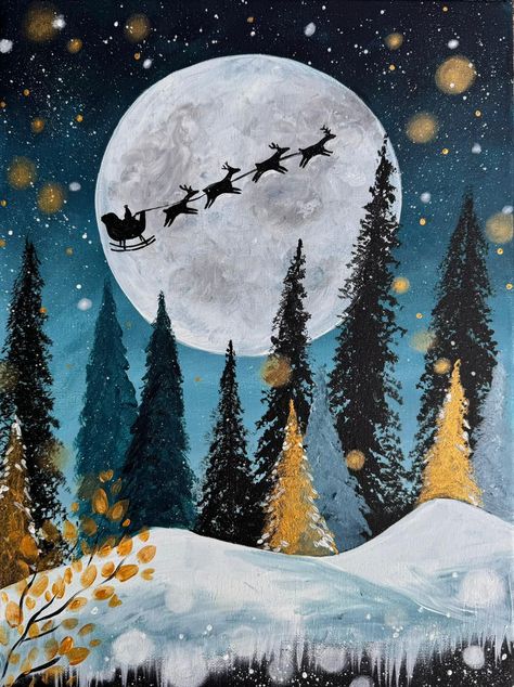 Night Painting Ideas, Winter Night Painting, Sunday School Snacks, Art Teaching, Sip N Paint, School Snack, Painting Easy, Moon Painting, Painting Inspo