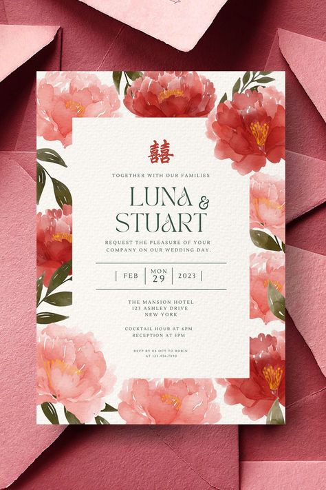 Chinese Wedding Invitation Card, Asian Wedding Card Double Happiness 结婚请柬 DIY Printable Oriental Red Watercolor Floral Wedding https://etsy.me/3Mv69Bm #red #chineseinvitation #asianinvitation #chineseweddingcard #orientalwedding #watercolorfloral #vietnamesewedding Chinese Wedding Invitation Card, Chinese Wedding Invitation, Wedding Invitation Trends, Mandarin Language, Red Wedding Invitations, Chinese Mandarin, Bespoke Wedding Invitations, Monogram Wedding Invitations, Diy Printing