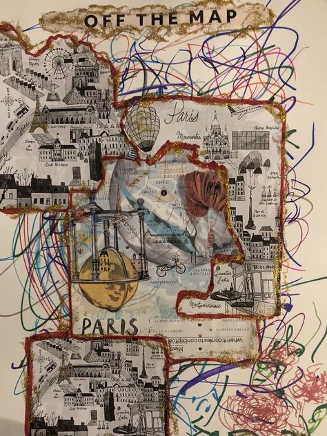 Architecture Mind Map Art, Collage Mind Map, City Collage Poster, Paris Collage Art, A Level Art Collage, Mind Maps Ideas Creative, Map Collage Art, Psychogeography Map, City Collage Architecture