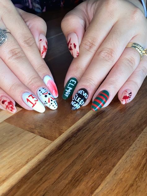 Freddy Krueger Nails Short, Freddy And Jason Nails, Freddy Vs Jason Nails, Freddy Nails, Jason Nails, Freddy Vs Jason, Halloween Nail Designs, Halloween Nail, Freddy Krueger