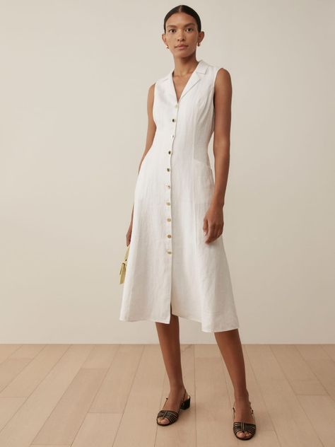 Classic Style Outfits, Sleeveless Shirt Dress, V Neck Midi Dress, Reformation Dresses, White Dress Summer, Mid Dresses, Mid Length Dresses, White Midi Dress, Midi Length Dress