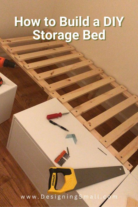 THE BEST STORAGE FOR A SMALL BEDROOM This is a must-have solution for all small bedrooms: a storage bed. And for those who don’t want to pay top dollar for one, here are steps to build a DIY bedframe. This super easy IKEA furniture hack makes a storage DIY storage bed that is useful and aesthetically pleasing. Ikea Storage Under Bed, Diy Bed Ikea Hack, Bed Hacks For Small Rooms, Ikea Bed Hack Storage, Diy Full Size Bed Frame With Storage, Diy Bed With Storage Underneath, Diy King Bed Frame With Storage, Ikea Bed Diy, Bed Diy Storage