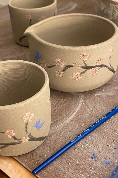 Clay Cherry Blossom Tree, Cherry Blossom Pottery, Cherry Blossom Ceramic, Cherry Blossom Vase, Moon Jar, Pottery Painting Designs, Ceramics Ideas, Winter Wood, Pottery Handmade